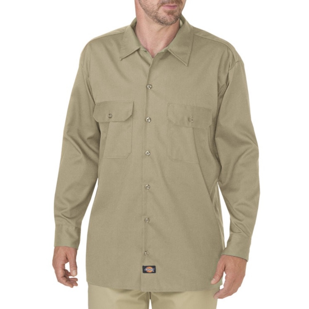 Dickies Men's Desert Sand Relaxed Fit Button Front Long Sleeve Twill Work Shirt